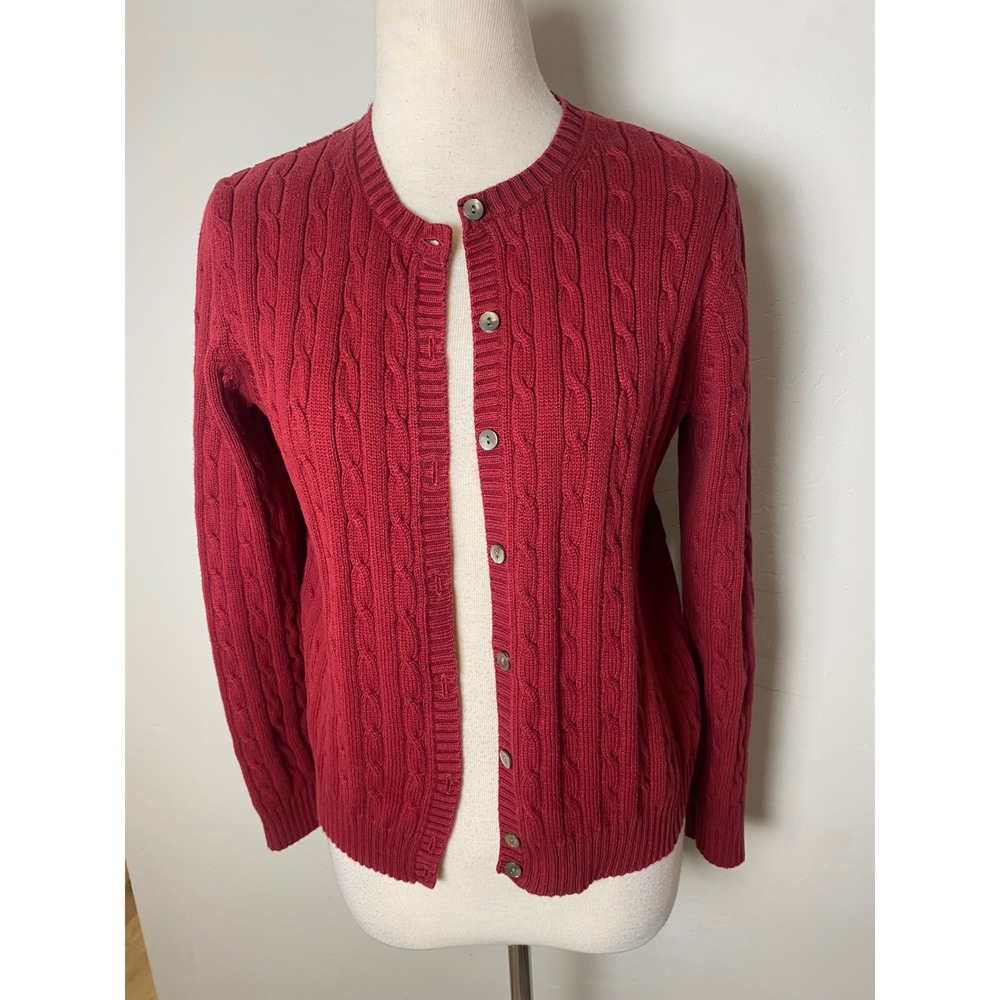 Eddie Bauer 90's Vinrage Womens Red Cable Knit Button Front Cardigan Sweater  S